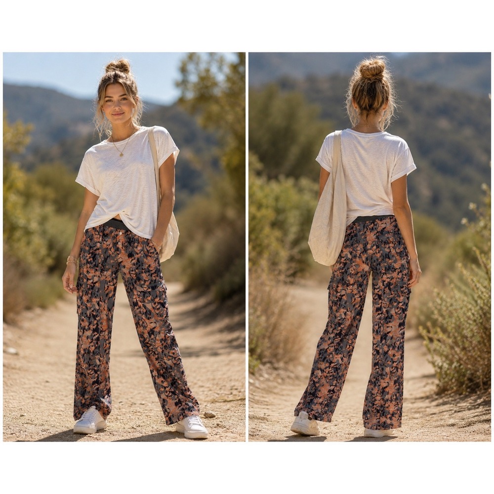NWT $148 Free People Movement Way Home Abstract Camo Print Cargo Pants Medium